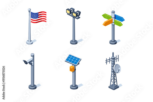 Outdoor pole. Isometric flat vector icons set of Outdoor pole: flagpole, lighting mast, signpost pole, surveillance camera pole, solar panel pole, antenna