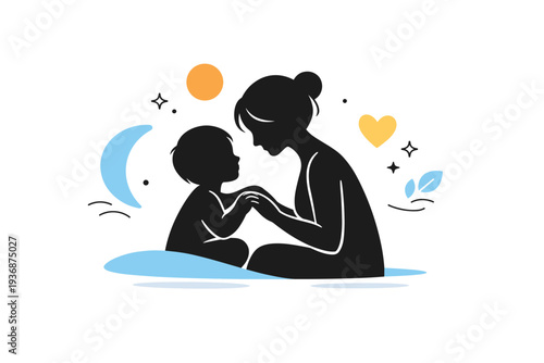 Mother and child silhouette moment. A simple, symbolic scene of a mother and child facing each other with gentle gestures. Abstract shapes around