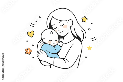 Mom and baby bond. A calm editorial scene with a mother gently holding her baby close, simple shapes emphasizing warmth and connection. Tender care, trust, and