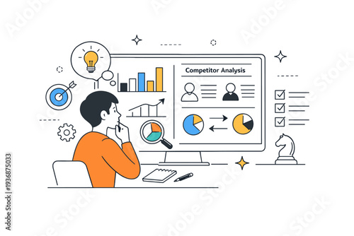 Strategic analysis process. Person reviewing market data and competitive insights on a screen, thoughtful analysis and informed planning atmosphere. Minimalist