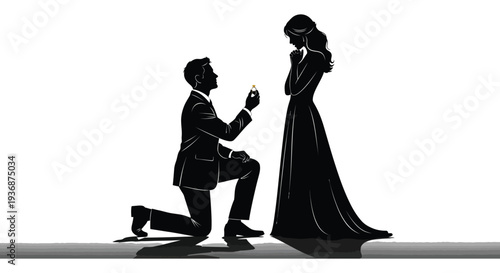 A silhouetted couple shares a tender moment as one person proposes marriage with a ring