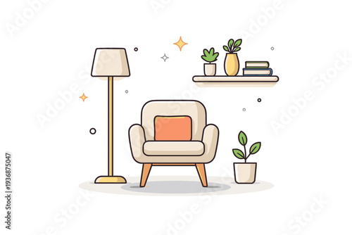 Home decoration ideas inspired by minimal interiors shown through a chair, floor lamp, and simple shelf, conveying order, clarity, and intentional design. A