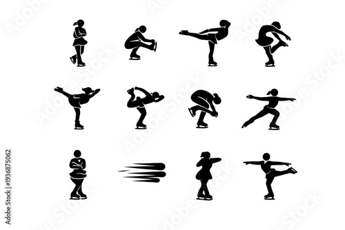 Figure Skating Spins. Solid icon set of Figure Skating Spins: upright spin, sit spin, camel spin, layback spin, flying spin, combination spin, spin entry, spin