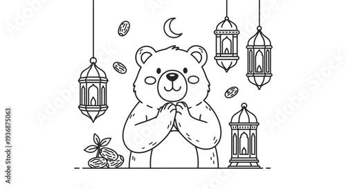 Polar bear with prayerful pose among hanging lanterns and plants