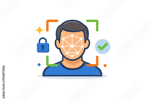 Face recognition scan moment captured with a neutral avatar and alignment markers, communicating accuracy, confidence, and seamless digital access. Minimalist