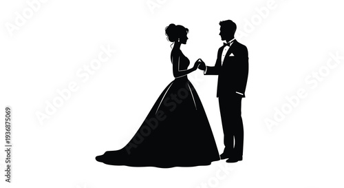 Silhouetted couple in formal wedding attire holding hands facing each other with elegance high quality professional