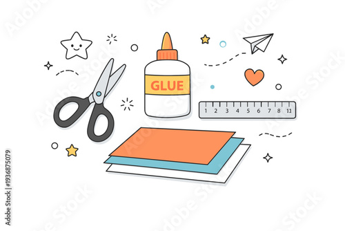 Craft and DIY tools. Scissors, glue, ruler, and paper neatly arranged on a clean workspace, calm creative preparation. Organized handmade process with friendly