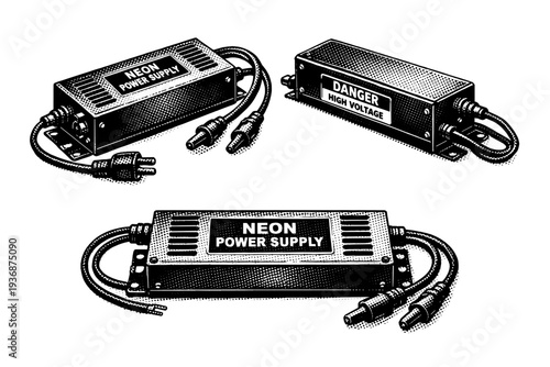 Neon sign transformer power supply unit with vents, cables, and mounting brackets, industrial and proportionally accurate. Black and white dot style with