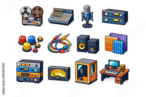 Vintage Studio Gear. Colorful isometric vector icons set of Vintage Studio Gear: reel tape recorder, analog mixer, tube microphone, vintage compressor,