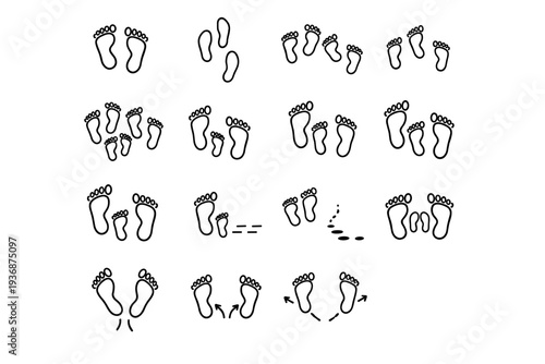 Beach Story Footprints. Line icon set of Beach Story Footprints: romantic footprints, lonely footprints, playful footprints, chase footprints, group