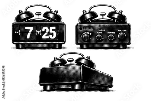 Flip clock ? alarm flip clock. A realistic retro alarm flip clock presented as one object in three different views highlighting flip number cards, control