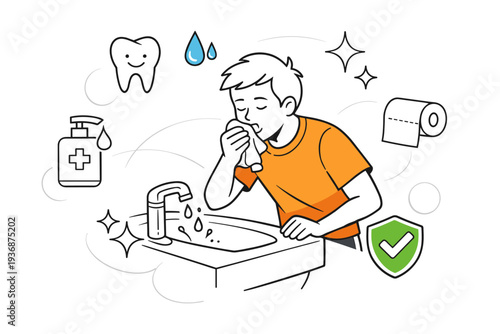 Clean Habits. Person using a sink and tissue after spitting, with water drops and hygiene symbols floating nearby. Positive, educational mood encouraging