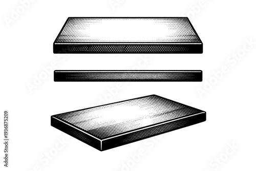 Rectangular chopping board A rectangular wooden chopping board shown as one object, presented in top, side, and angled views emphasizing straight edges and