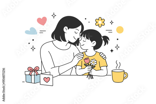 Mother?s Day celebration scene. A calm editorial scene with a mother and child sharing a gentle moment, expressing love, care, and appreciation. Soft gestures,