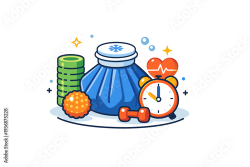 Sports recovery tools visualized as a calm and modern composition with an ice pack symbolizing cooling relief, recovery time and muscle care. The mood is clear