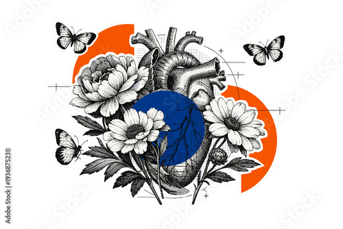 Black and white vintage botanical illustration of detailed flowers with visible petals and stems, layered with antique anatomical engraving of a human heart