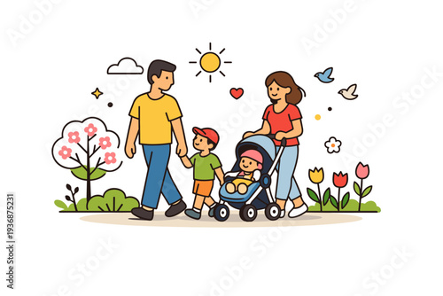 Spring family scene focused on a casual park walk with family members moving calmly through blooming nature, conveying connection, balance and everyday