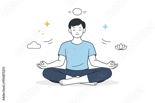Seated yoga meditation. A peaceful editorial illustration with a person sitting cross-legged in a relaxed pose. Stillness, breathing, and mental clarity