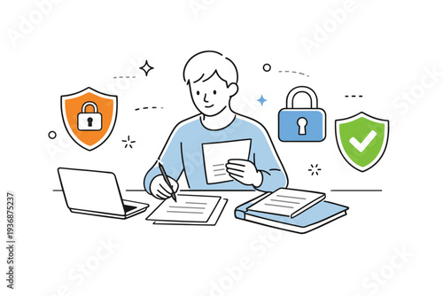 Data protection concept. A person reviewing secure documents surrounded by lock and shield icons, calm focus on privacy and safety. Clean editorial scene