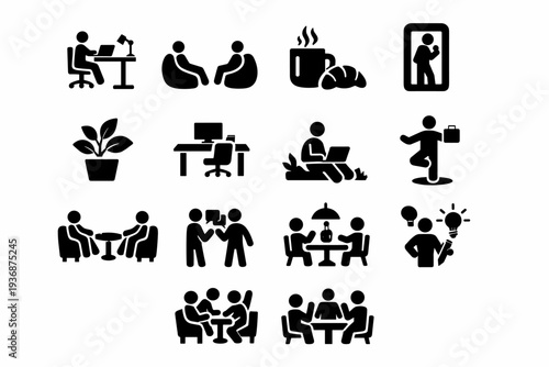 Modern office lifestyle. Solid icon set of Modern office lifestyle: flexible workspace, casual seating, coffee break, phone booth, greenery plant, minimalist