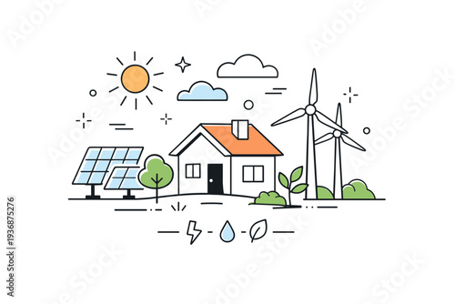 Sustainable energy concept. Solar panels and wind turbines arranged around a small house, symbolizing clean energy and balance with nature. Calm optimistic