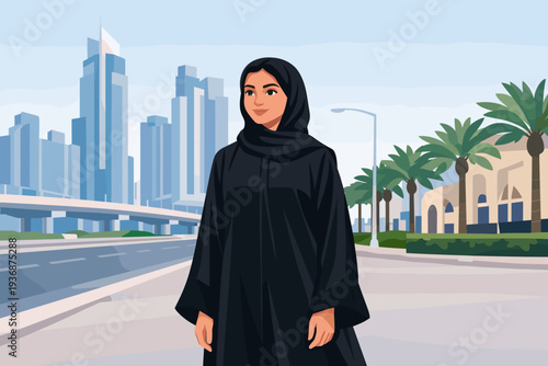 Young Arab woman walking on city street with skyscrapers in background  
