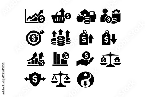 Inflation and Rates. Solid icon set of Inflation and Rates: inflation graph, price growth, consumer prices, cost of living, inflation target, rising prices,