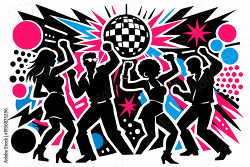 Black and white pop art nightlife party silhouettes dancing under abstract disco lights, bold cut-out figures with white outline, explosive graphic shapes like