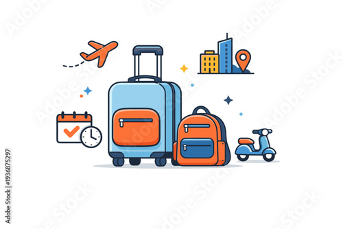 Travel luggage set representing carry-on essentials with a compact bag and travel icons that communicate flexibility, short trips and urban mobility.