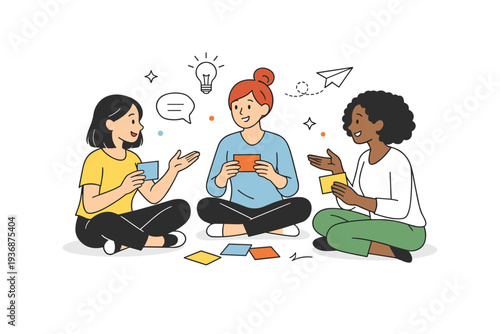 Female collaboration. A small group of women talking and sharing ideas around simple cards or notes. Calm collaboration and open communication with a
