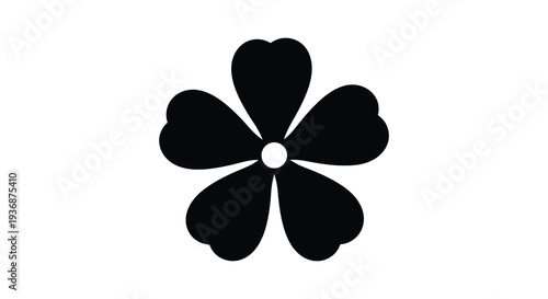 A simple black floral graphic depicting a five petaled flower with a circular center high quality professional