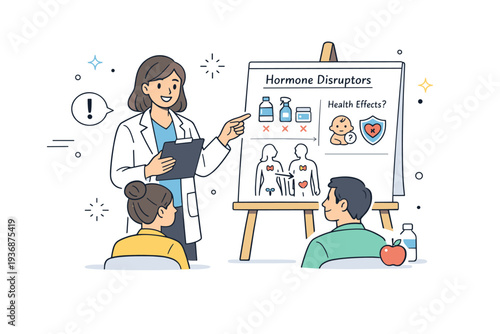 Hormone disruptor awareness education. Educator or health professional explaining simplified diagrams to a small group or individual, calm and reassuring mood.
