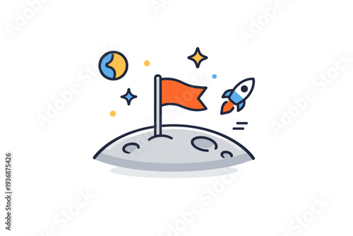 Moon mission concept illustrated by a flag planted on a minimal moon surface with distant stars, capturing achievement progress and historic exploration
