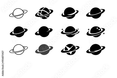 Astronomy and stargazing. Icon set. Set Logo of astronomy and stargazing: planet with rings. harmonious logo variations of the same emblematic concept, each