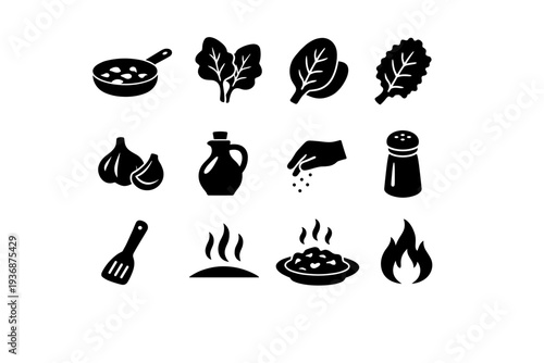 Sauteed Greens. Solid icon set of Sauteed Greens: saute pan, leafy greens, spinach leaves, kale leaves, garlic cloves, olive oil bottle, salt pinch, pepper