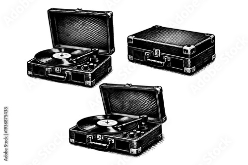 Turntable ? retro suitcase-style turntable with hinged cover, internal speaker grille, and mechanical controls. Black and white dot style with halftone texture