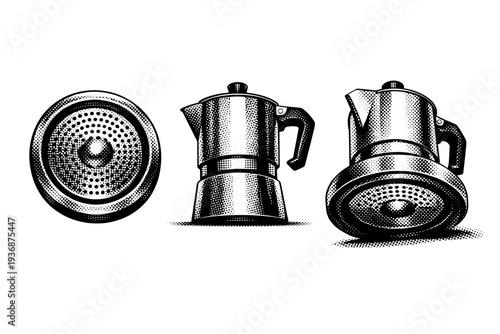 Coffee percolator base and bottom profile illustrated as the same percolator shown from bottom view, side view, and three-quarter low angle, detailing base