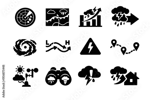 Severe Weather Forecast. Solid icon set of Severe Weather Forecast: storm radar screen, weather map storm front, forecast chart, approaching storm arrow,