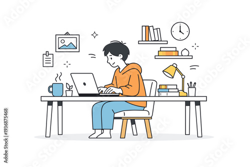 Cozy home workspace. A quiet corner with a desk, laptop, books, and a person working calmly, wrapped in a relaxed home atmosphere. Balance between productivity
