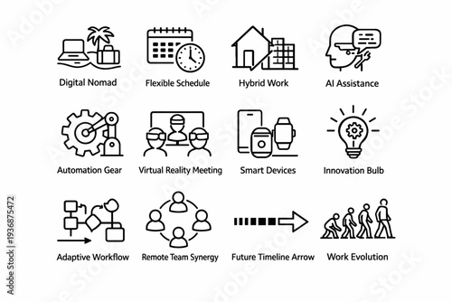 Future of Work. Line icon set of Future of Work: digital nomad lifestyle, flexible schedule, hybrid work icon, AI assistance, automation gear, virtual reality