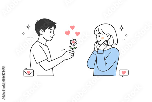 Love confession. One character giving a small flower to another, expressing affection and warmth. Subtle floating hearts enhance the tender moment. Minimalist