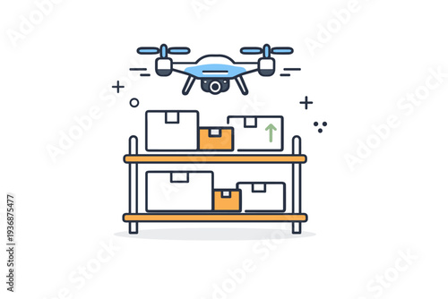 Warehouse drone logistics icon. A drone flying above simple box shapes or shelves, symbolizing automated logistics. The mood feels organized, efficient, and