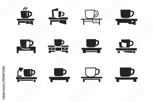 work desk. Icon set. Set Logo of work desk: coffee mug. harmonious logo variations of the same emblematic concept, each with different artistic interpretation