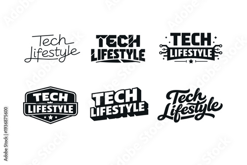 Tech Lifestyle. Set lettering. harmonious lettering variations of the same emblematic concept, each with different artistic interpretation (Modern minimal