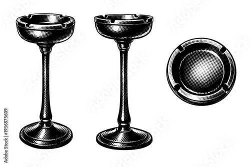 Ashtray vintage pedestal ashtray with raised bowl and narrow stem base, classic proportions and solid structure. Black and white dot style with halftone