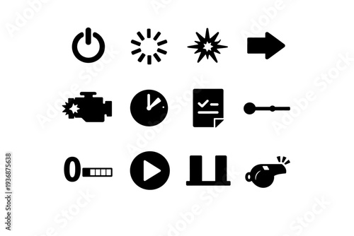 Start Process. Solid icon set of Start Process: power on button, loading start, ignition spark, start arrow, engine start, clock start, checklist first item,
