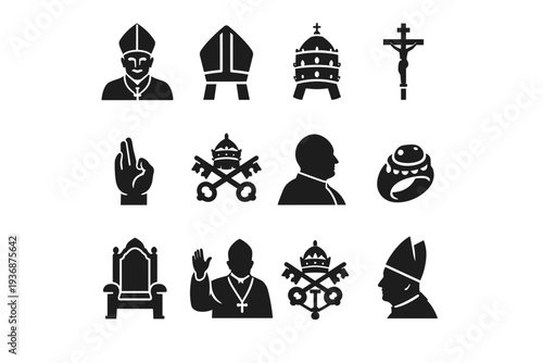 Pope. Solid icon set of Pope: pope portrait, papal mitre, papal tiara, papal staff crosier, pope blessing hand, Vatican keys, pope silhouette, papal ring, pope