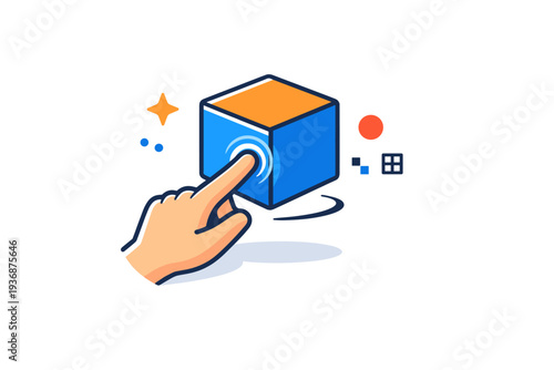 Mixed reality interaction shown with a hand touching a floating digital cube, expressing control, responsiveness, and the boundary between real and synthetic