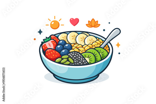 Healthy breakfast bowls centered on balanced nutrition with a colorful bowl of fruits, grains, and seeds arranged in a calm and appetizing composition. A fresh