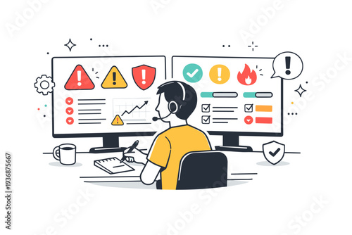 Risk monitoring by humans. A person observing alerts and status indicators, steady attention and proactive control, abstract warning icons softened by friendly